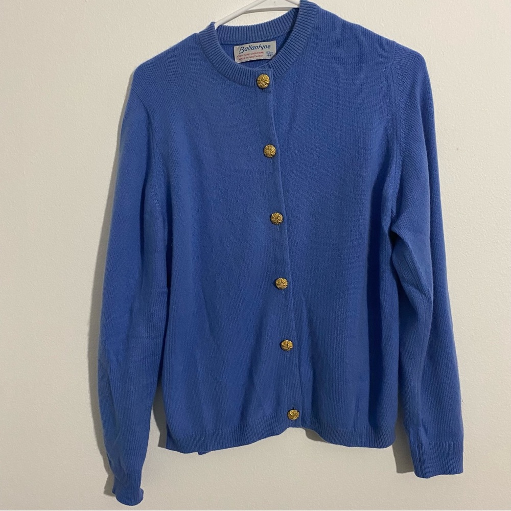 Vintage Ballantyne 100% Pure Cashmere Blue Cardigan Sweater 80s VTG